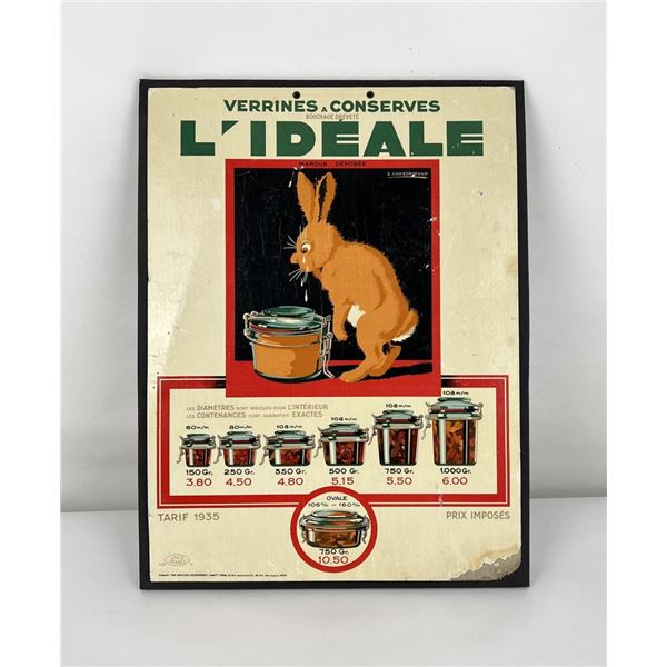 1935 French Cardboard Sign for L'Ideale Jars