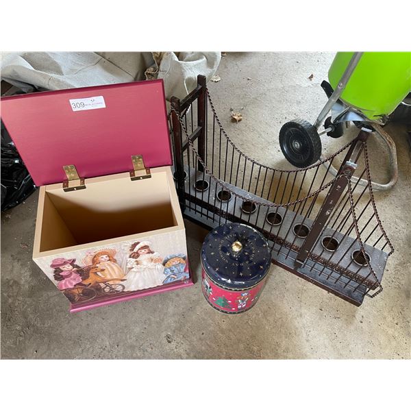 Bridge Candle Holder & Hudson Bay Tin & Doll Box