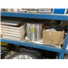 Image 2 : LOT OF ASSORTED EMPTY BINS, GLOVES, MOPS, LARGE SOUP POT, & TARP
