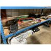 Image 1 : LOT OF ASSORTED GARDEN TOOLS, SHOVEL, PITCH FORK, RAKE, ROLL OF PLASTIC & GARDEN WEIGHTS