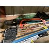 Image 2 : LOT OF ASSORTED GARDEN TOOLS, SHOVEL, PITCH FORK, RAKE, ROLL OF PLASTIC & GARDEN WEIGHTS