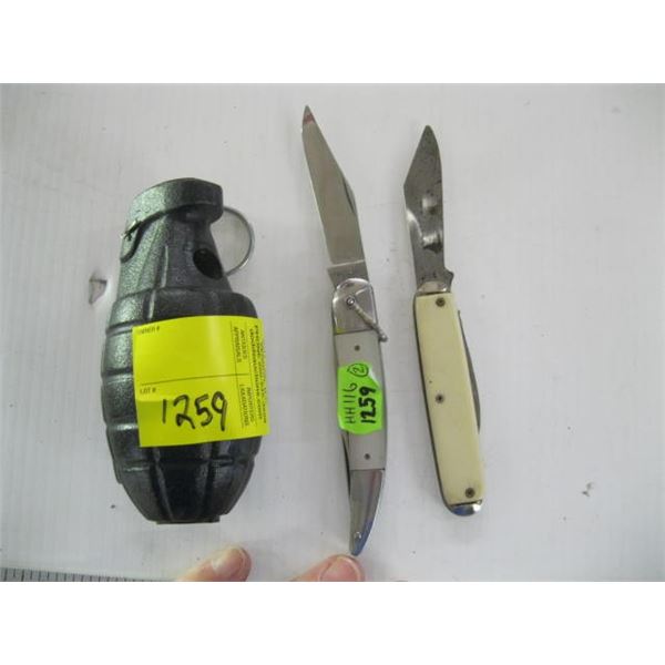 2 SM. POCKET KNIVES & A GRENADE