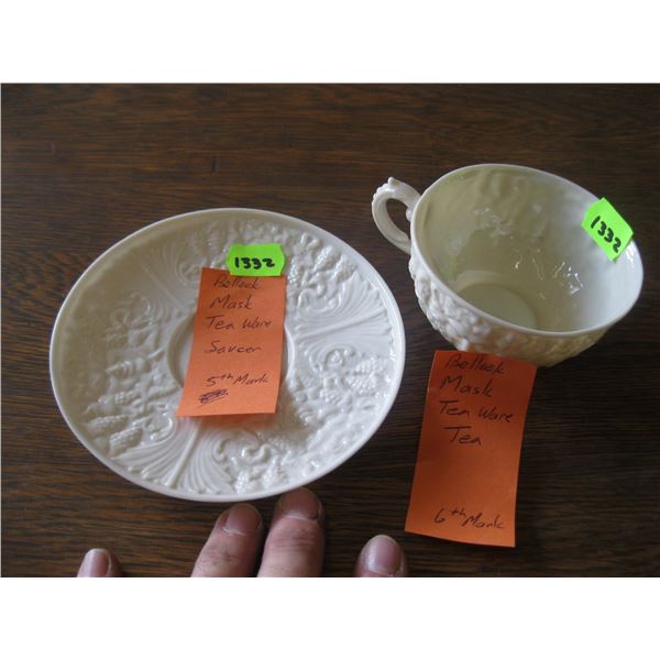 BELLEEK MASK TEA WARE TEA (6TH MARK), BELLEEK MASK TEA WARE SAUCER (5TH MARK)