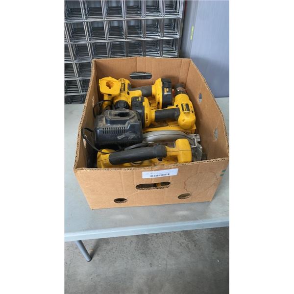 BOX OF CORDLESS DEWALT POWER TOOLS ALL WORKING WITH BATTERY AND 2 CHARGERS