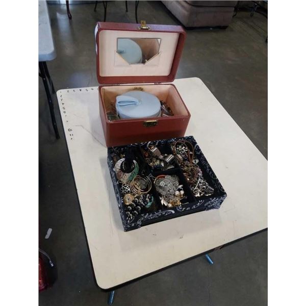 TRAY OF JEWELRY AND MAKEUP CASE WITH PERFUME