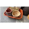 Image 2 : RATTAN VASE WITH HAMPER AND BASKET OF BASKETS WITH SIGN