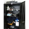 Image 1 : Black Metal Storage Cabinet w/APC Batteries, Hats, Clothing & Supplies