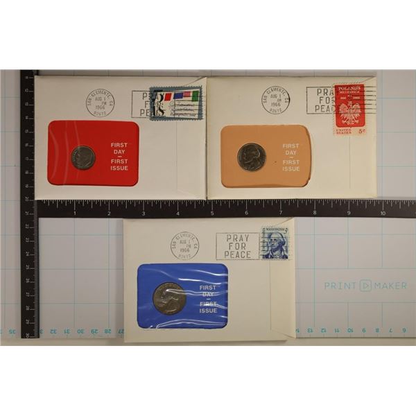 3-US COIN FDC ENVELOPES WITH CANCELLED STAMPS: