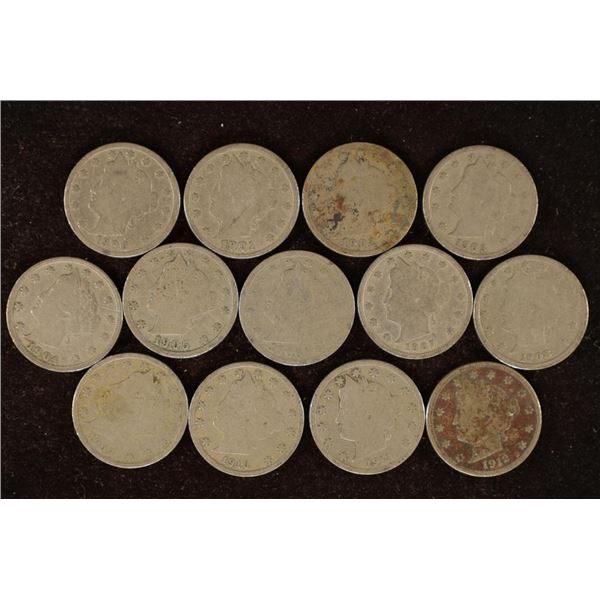 13 LIBERTY "V" NICKELS: 1900-1912 ONE OF EACH YEAR