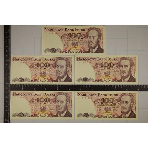 5-1988 POLAND 100 ZLOTYCH CRISP UNC BILL