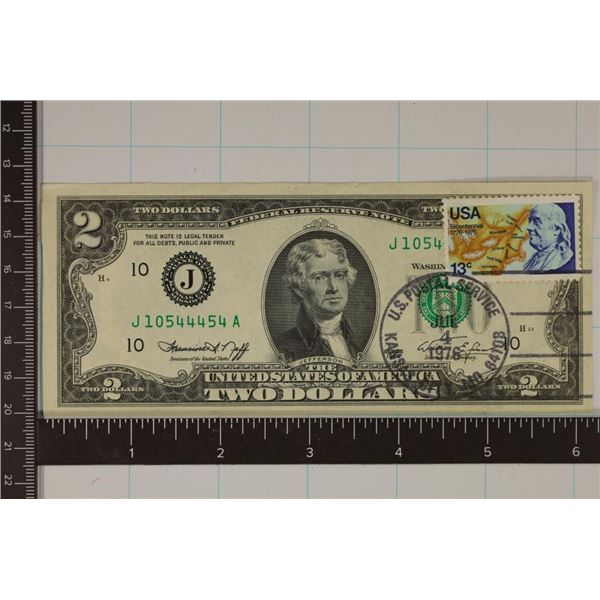 1976 US $2 FRN WITH A 13 CENT CANCELLED STAMP CU