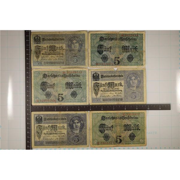 6-1917 GERMAN 5 MARK BILLS: 2 HAVE SMALL TEARS