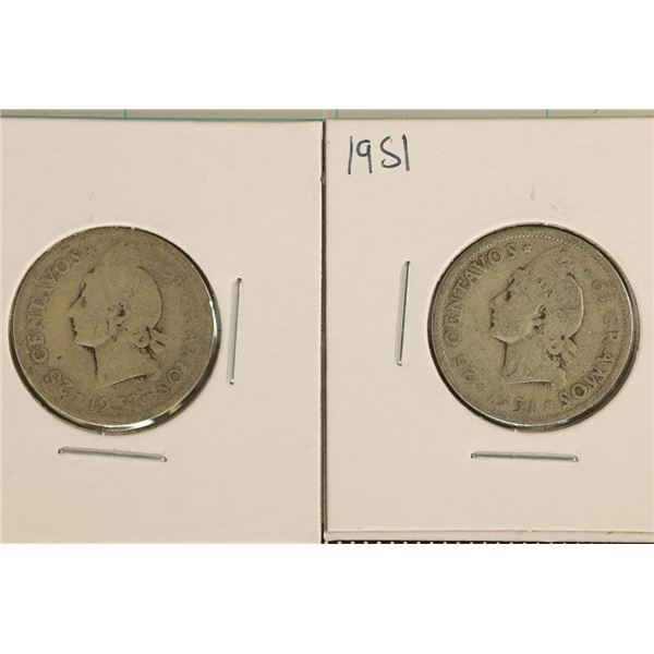 1937 & 1951 DOMINICAN REPUBLIC SILVER 25 CENTAVOS