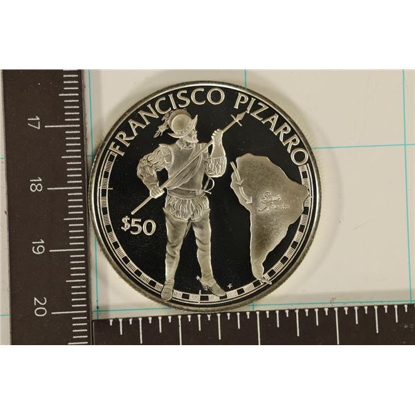 1988 COOK ISLAND PF SILVER $50 FRANSICO PIZARRO