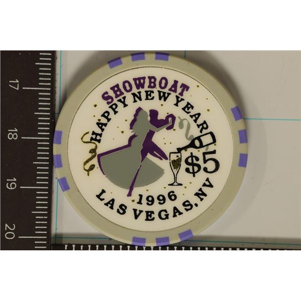 $5 SHOWBOAT CASINO CHIP. 1996 HAPPY NEW YEAR,