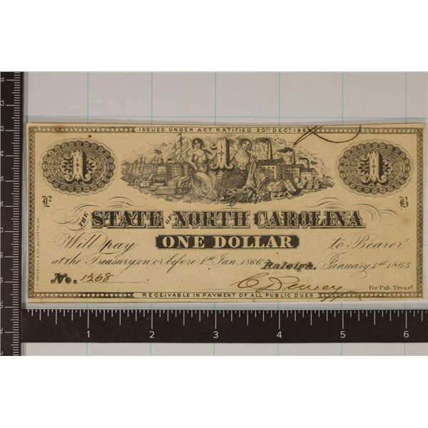 1863 NORTH CAROLINA $1 OBSOLETE BANK NOTE