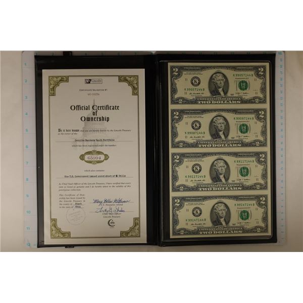 UNCUT SHEET OF 4-2009 US $2 NOTES IN BLACK FOLIO