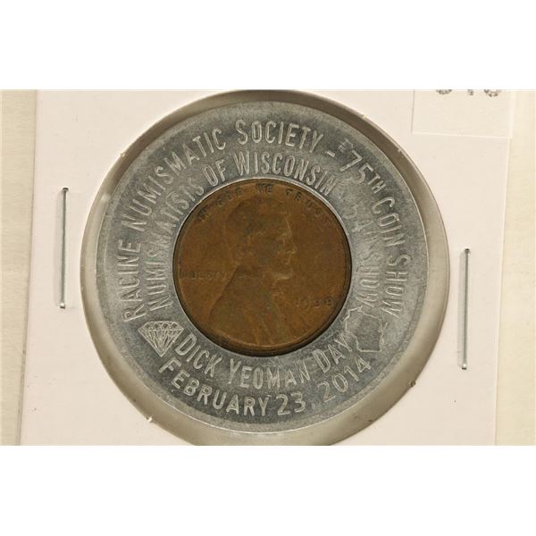 ENCASED 1938 LINCOLN WHEAT CENT. "2014 RACINE