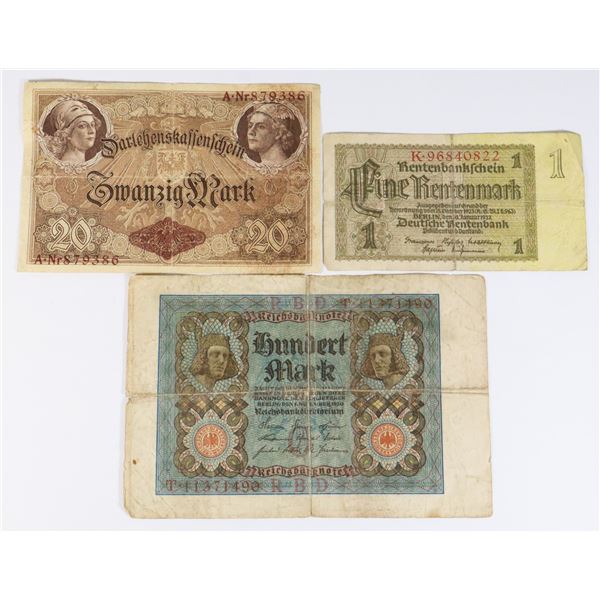 #158 GERMAN LOT OF 3 MARK NOTES 1914 1920 1934