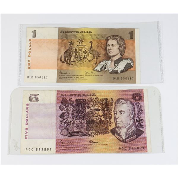 #159 LOT OF 2 AUSTRALIAN PAPER MONEY NOTES $1 $5