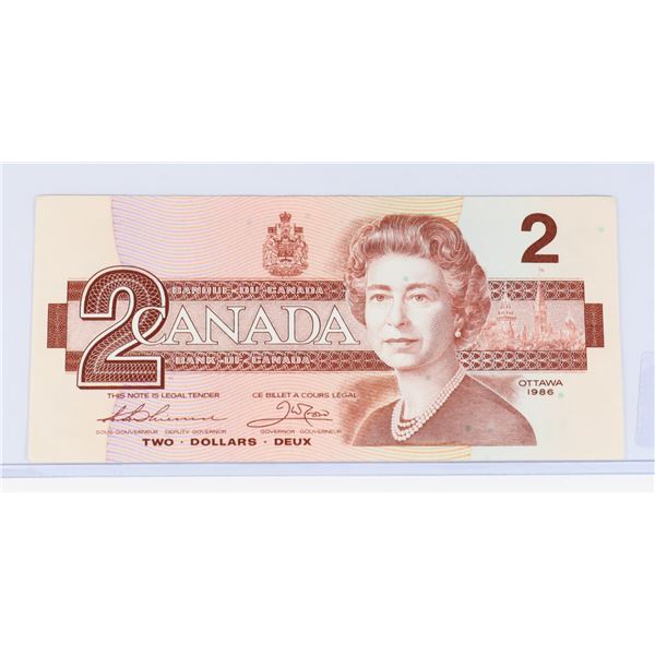 #166 1986 CANADIAN $2 TWO DOLLAR PAPER MONEY NOTE