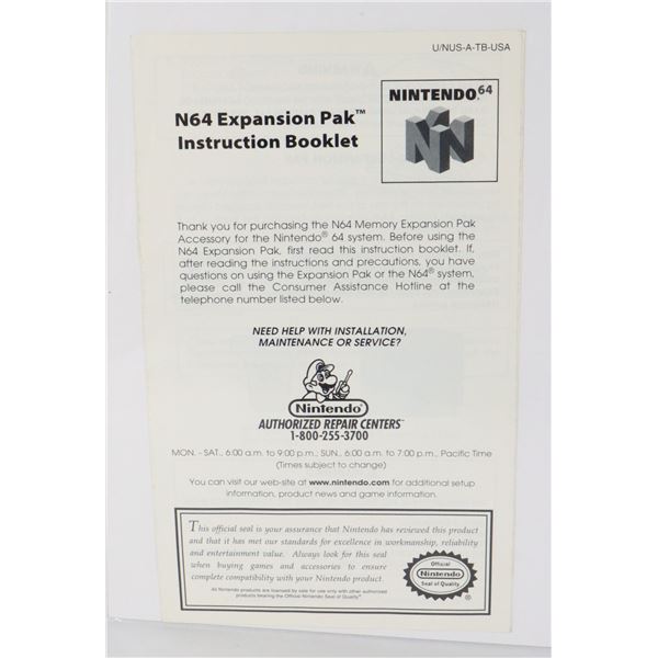 #913 N64 NINTENDO 64 EXPANSION PAC BOOKLET