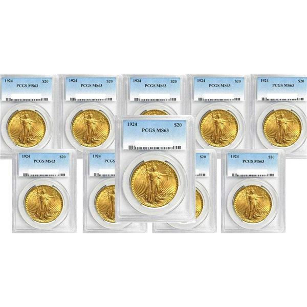 Ten (10) $20 Saint Gaudens Gold PCGS MS63