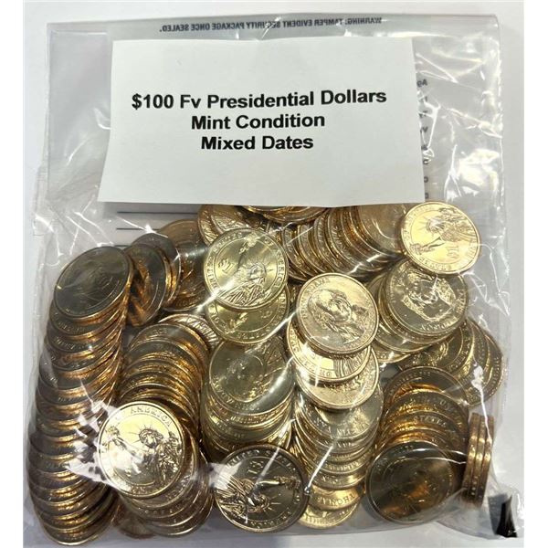 Mixed Dates $100 FV Mixed Presidential Dollars Mint Condition