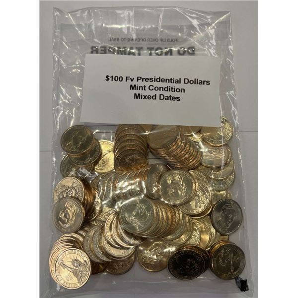 Mixed Dates $100 FV Mixed Presidential Dollars Mint Condition