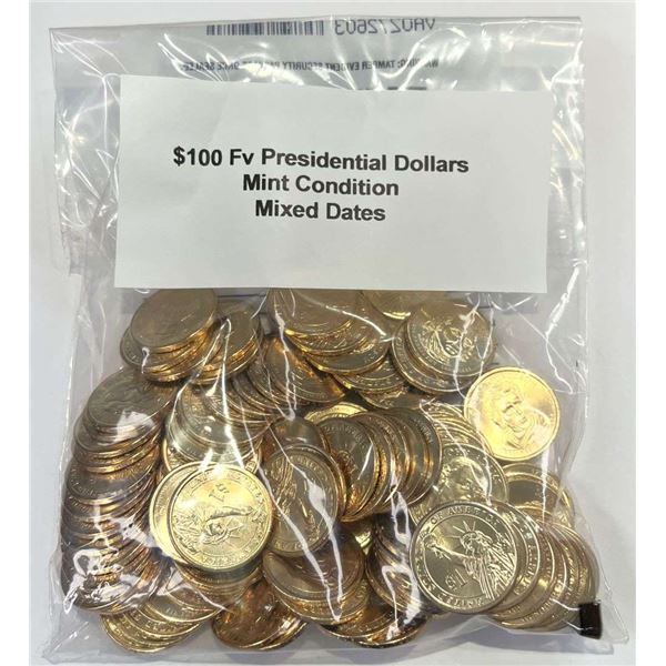 Mixed Dates $100 FV Mixed Presidential Dollars Mint Condition