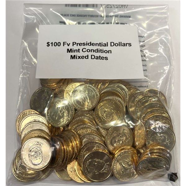 Mixed Dates $100 FV Mixed Presidential Dollars Mint Condition