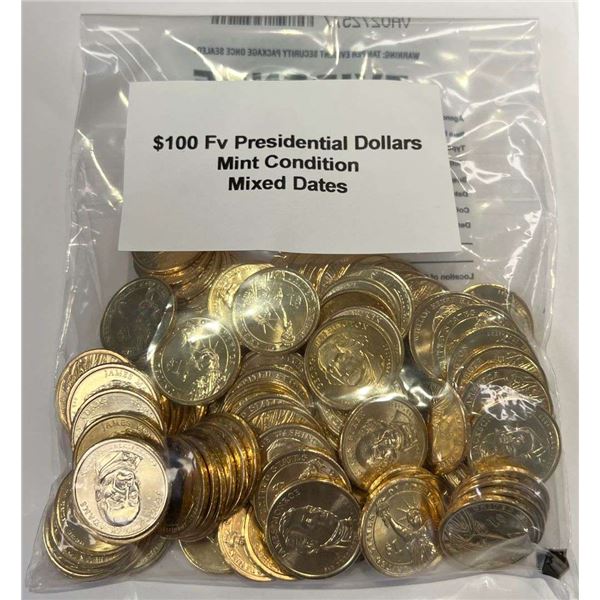 Mixed Dates $100 FV Mixed Presidential Dollars Mint Condition