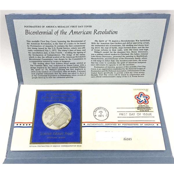 Postmasters Of America First Day Cover "Bicentennial Of The American Revolution" Sterling Silver