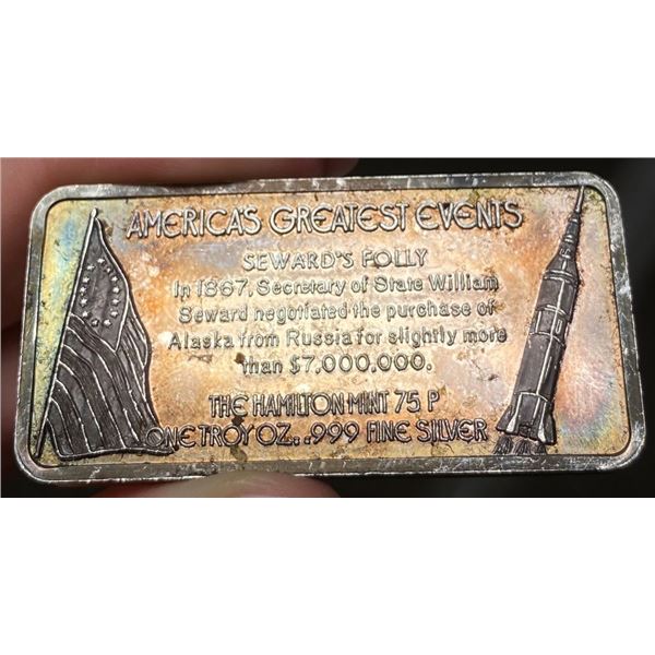 Toned Hamilton Mint "Alaskan Purchase" 1 ozt .999 Silver Bar