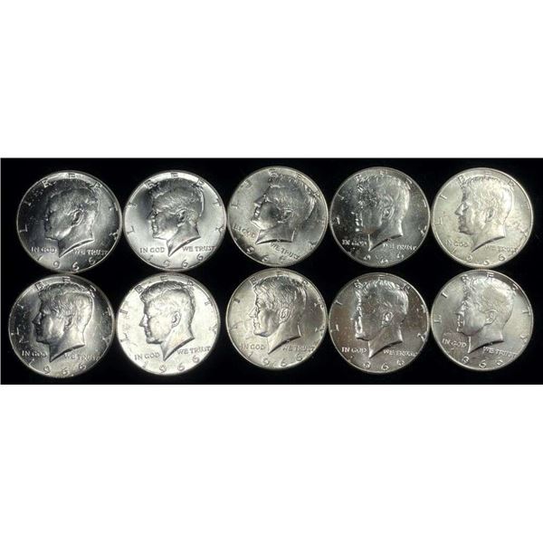 (10) 1966 Kennedy 40% Silver Half Dollars BU