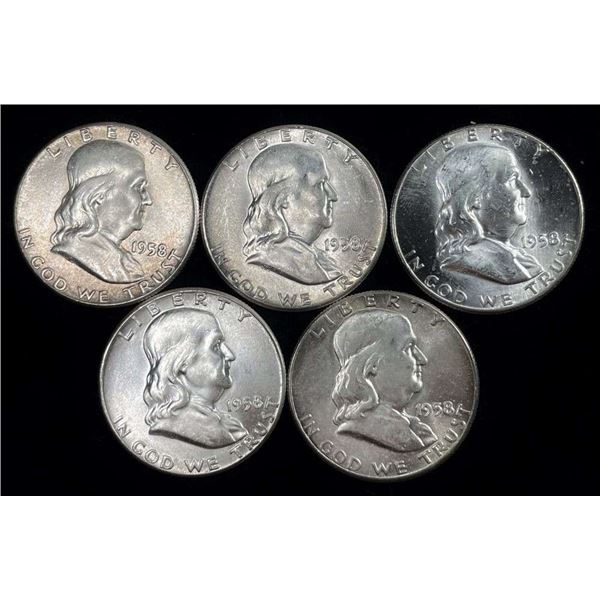 (5) 1958 Franklin Silver Half Dollars BU