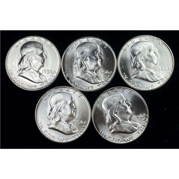 (5) 1956 Franklin Silver Half Dollars BU