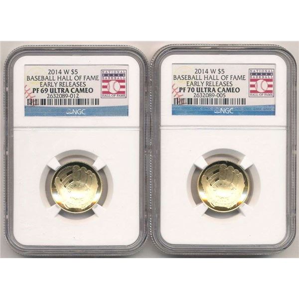 (2) 2014-W Baseball Hall of Fame $5 Gold NGC PF69/70 Ultra Cameo Early Releases