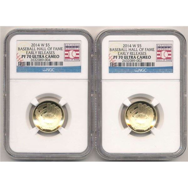(2) 2014-W Baseball Hall of Fame $5 Gold NGC PF70 Ultra Cameo Early Releases
