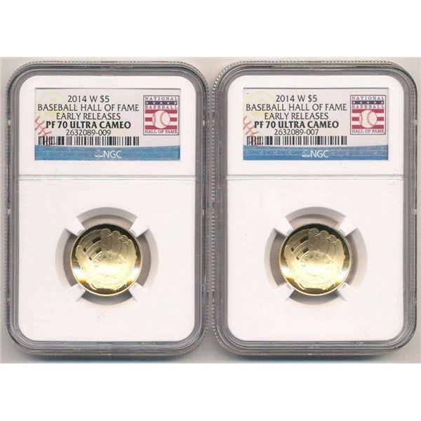 (2) 2014-W Baseball Hall of Fame $5 Gold NGC PF70 Ultra Cameo Early Releases