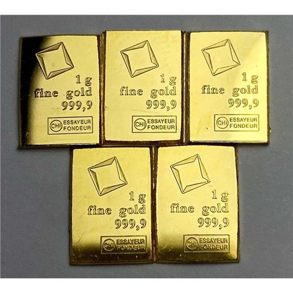 Last Minute! (5) 1g .9999 Gold Bar