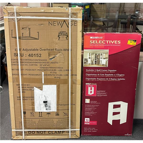Group of 2 items - includes ClosetMaid stackable 3 shelf corner organizer (approx 21" x 43" x 3 1/2"