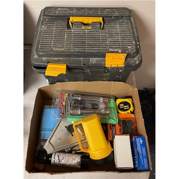 Box & toolbox full of assorted tools & misc - includes Skil drill driver / mastercut saw / studsenso