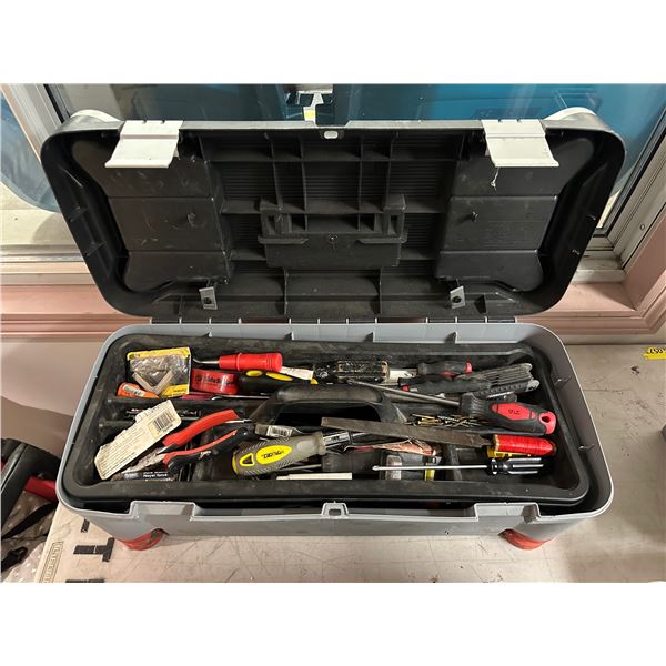 Stanley toolbox w/ assorted tools - inlcudes screwdrivers / screws / line reels drywall knife etc