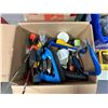 Image 2 : 2 boxes & blue bin full of assorted tools & tool related items - includes bow saws / screwdrivers & 