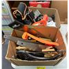 Image 1 : 2 boxes full of assorted tools & tool related items - includes hand saws / hammers / panel carry / w