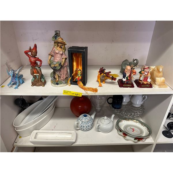 Group of assorted decorative figurines - includes Victorian lady table lamp / 3 headed fire dragon /