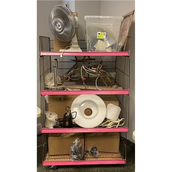 Entire rolling rack full of lights & misc - includes Homeline 12" oscillating fan / table lamps etc 