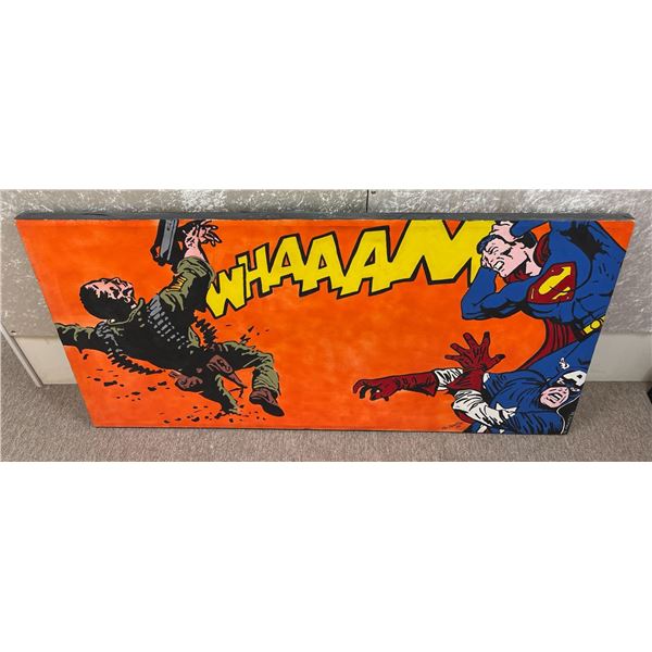 Vintage Superman w/ Captain America original "WHAAAM" painting on canvas signed and dated 12 Midnite