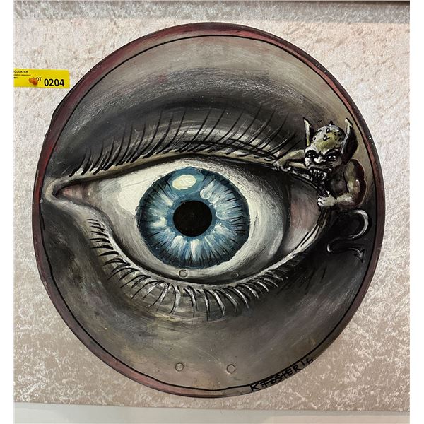 Original K. Foster I. eye painting on metal signed by artist - approx. 20 1/2in diameter